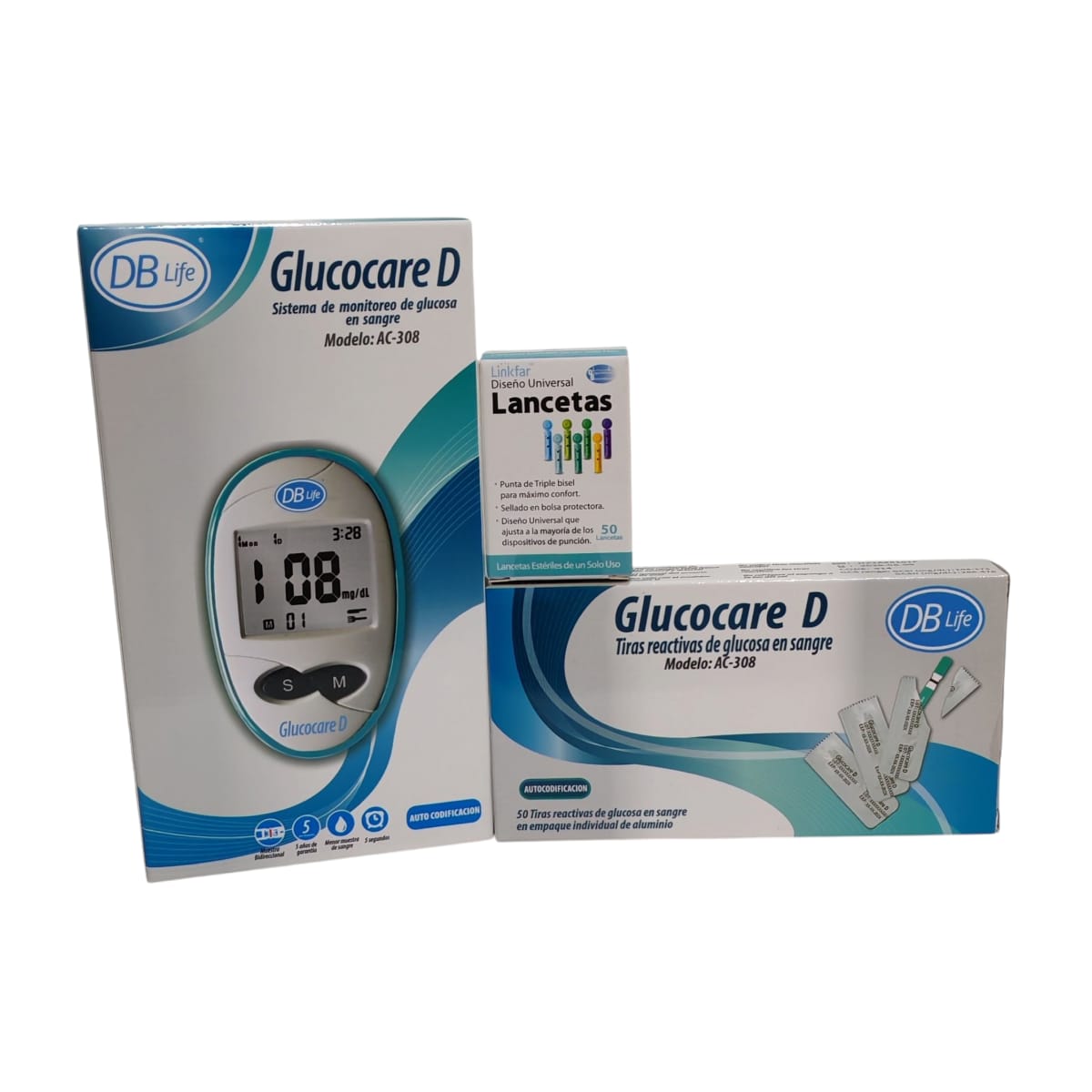 Kit Glucómetro Glucocare D con 50 Tiras y 50 Lancetas